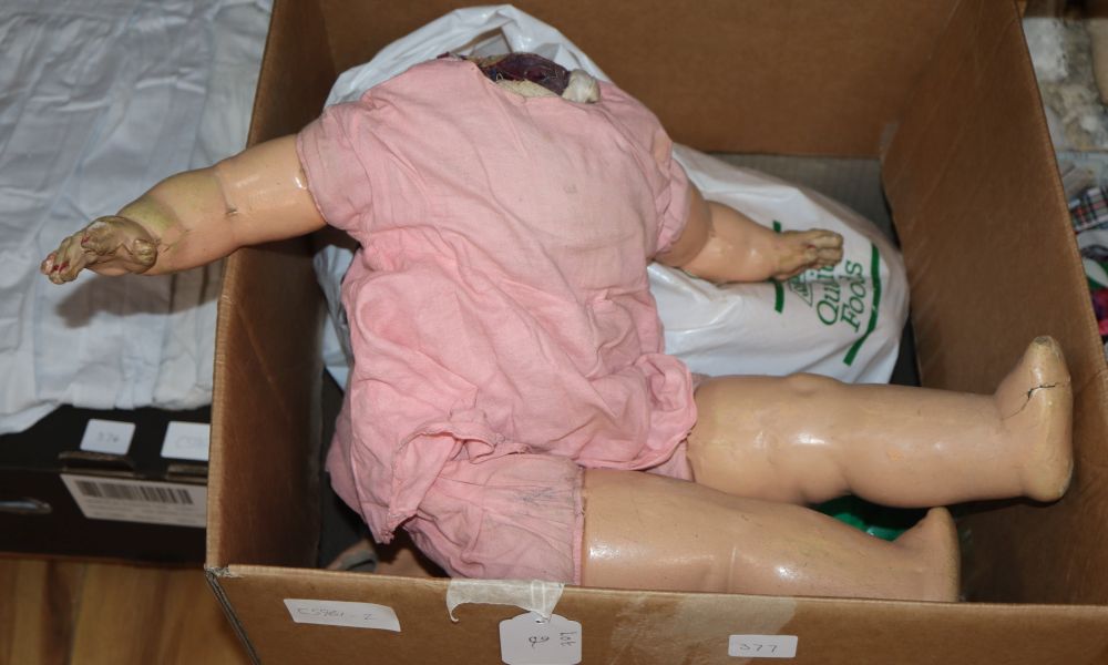 A large size dolls body, three others and torsos